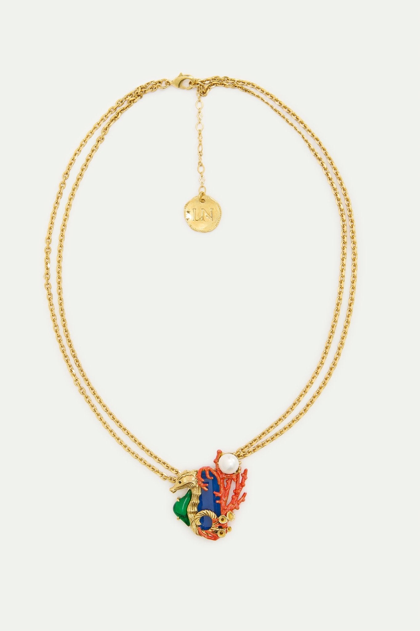 Navy Blue Stone Necklace With Green And Golden Seahorse | AXMO3011 - Les Nereides