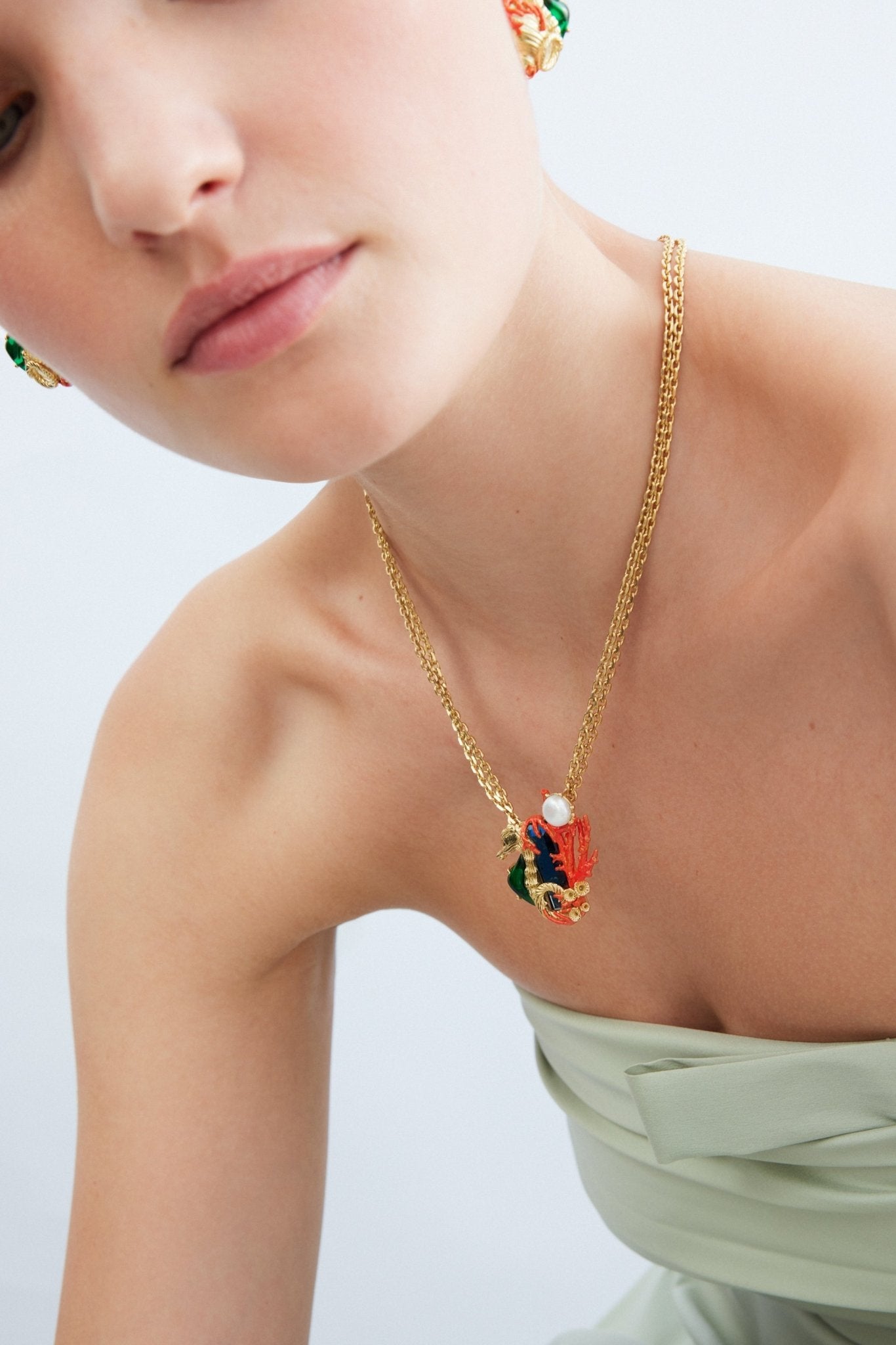 Navy Blue Stone Necklace With Green And Golden Seahorse | AXMO3011 - Les Nereides