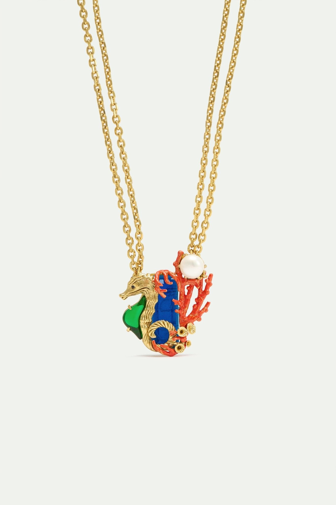 Navy Blue Stone Necklace With Green And Golden Seahorse | AXMO3011 - Les Nereides