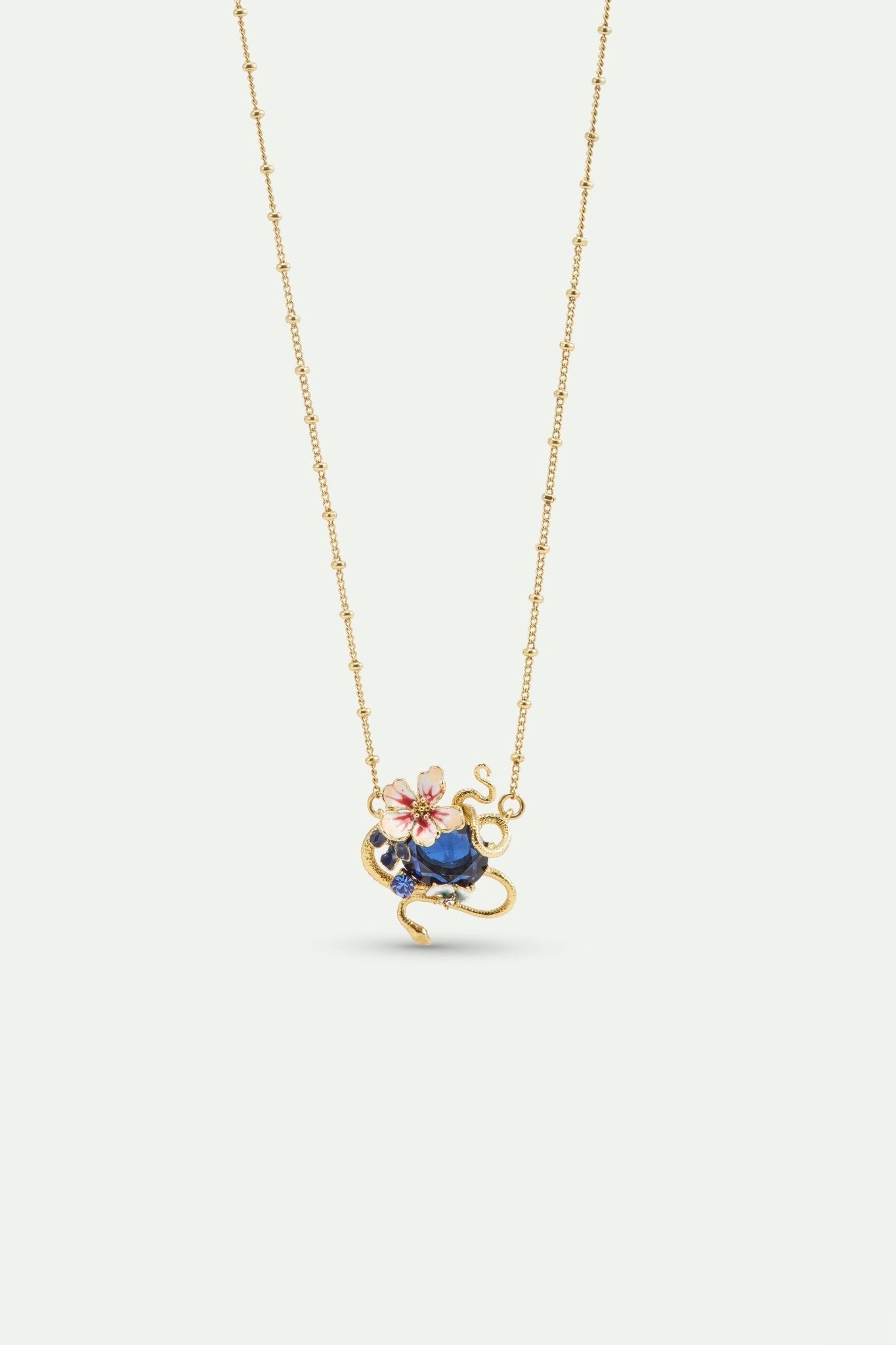 Necklace With Blue Faceted Stone, Gold Snake and Mallow Flowers | AYVA3011 - Les Nereides