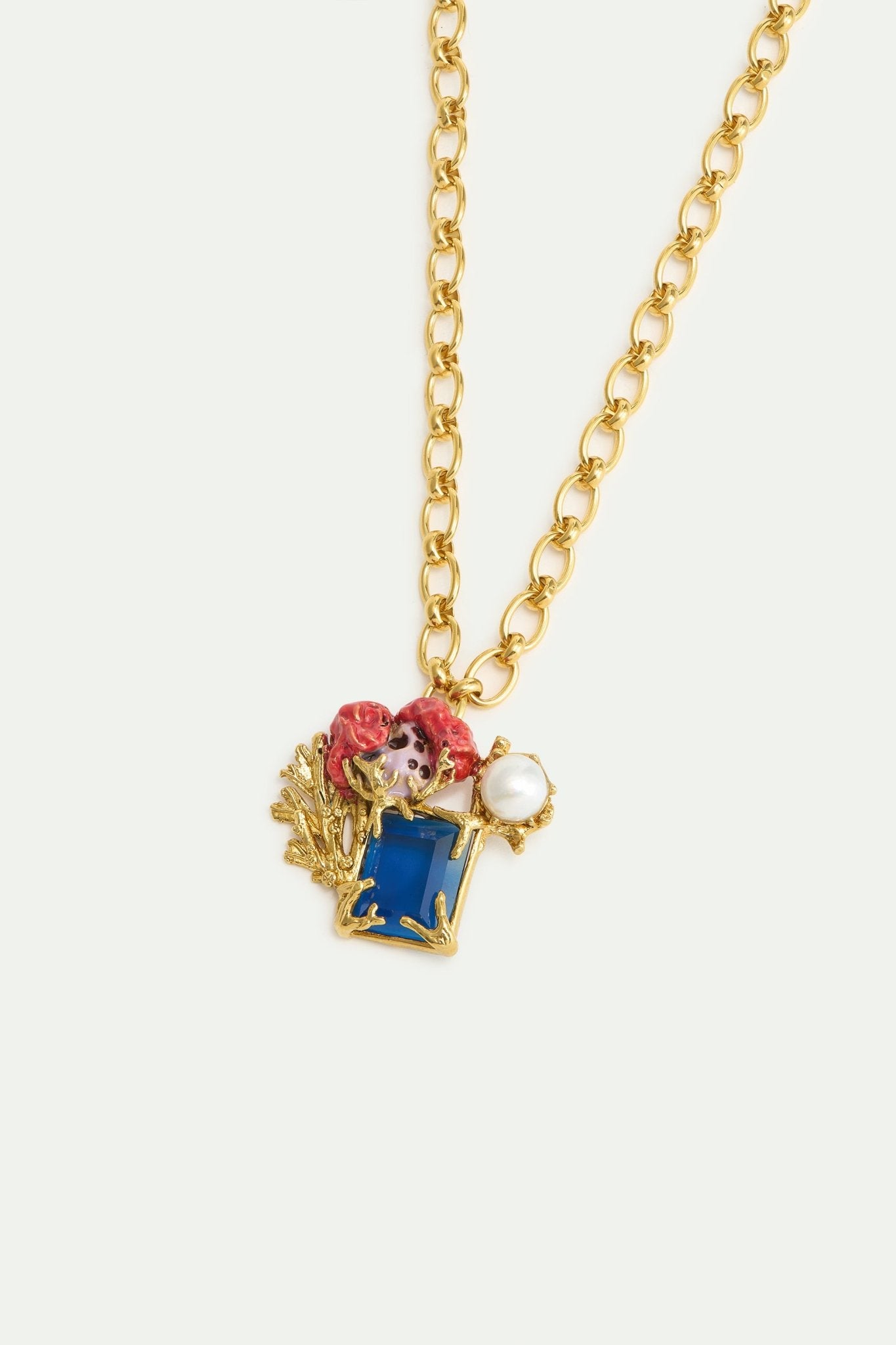 Necklace With Square Blue Stone, Coral And Pearl | AXMO3031 - Les Nereides