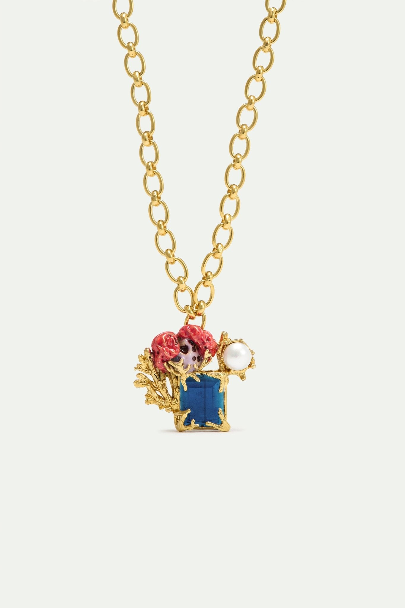 Necklace With Square Blue Stone, Coral And Pearl | AXMO3031 - Les Nereides