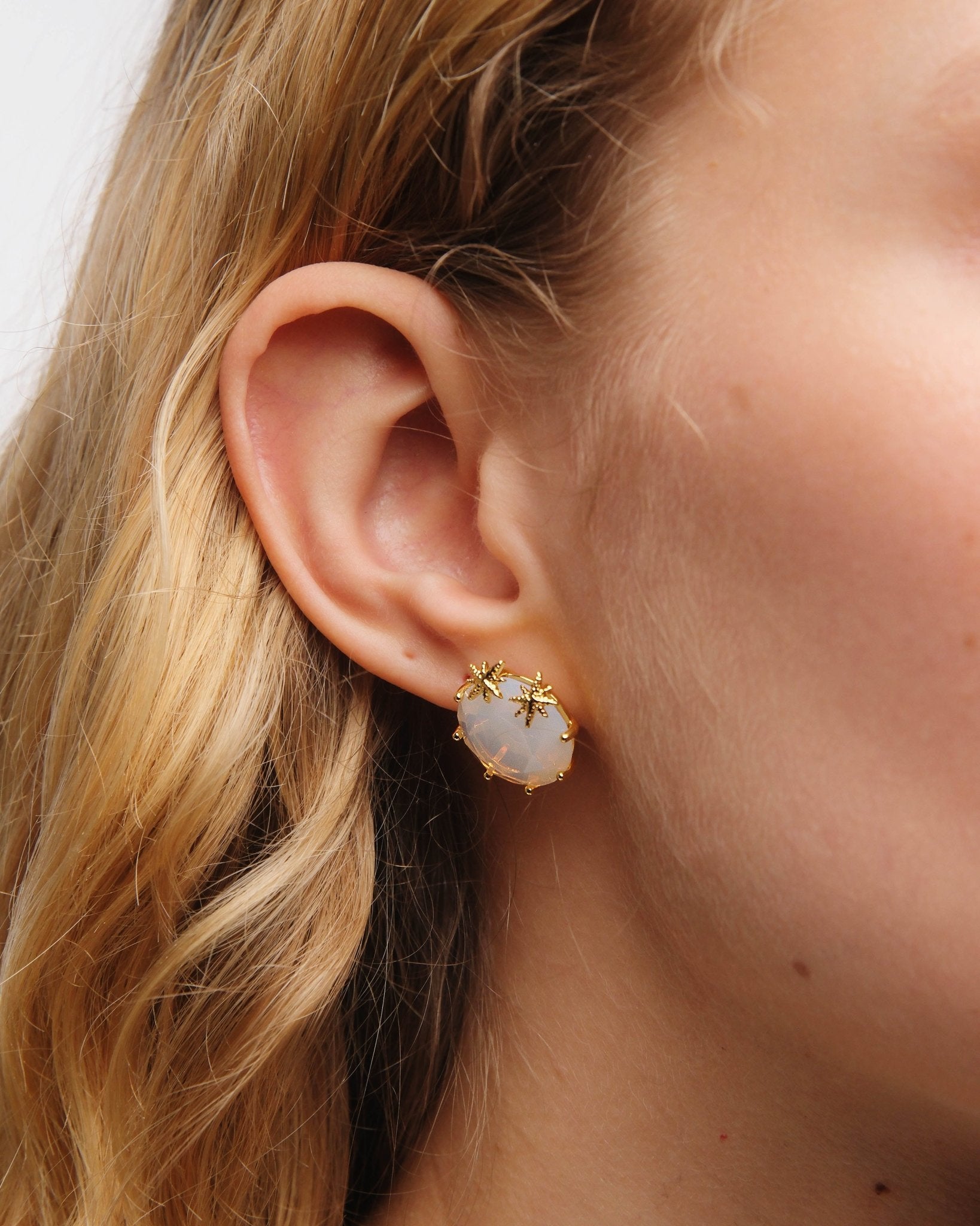 Opalescent White Diamantine Round Stone Sleeper Earrings And Fine Stars | AULD1402 - Les Nereides