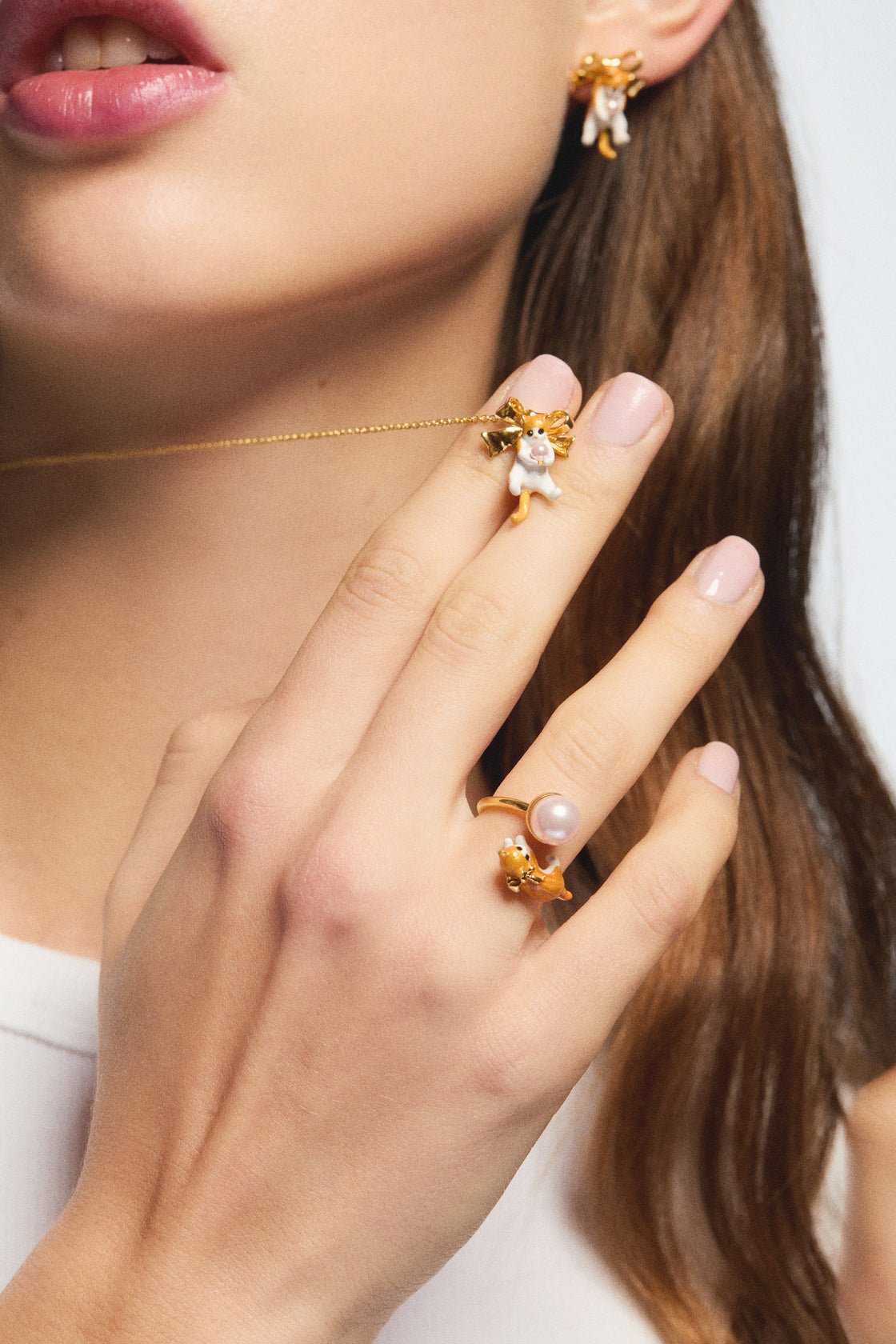 Orange tabby kitten and cultured pearl adjustable ring | AVCF6011 - Les Nereides
