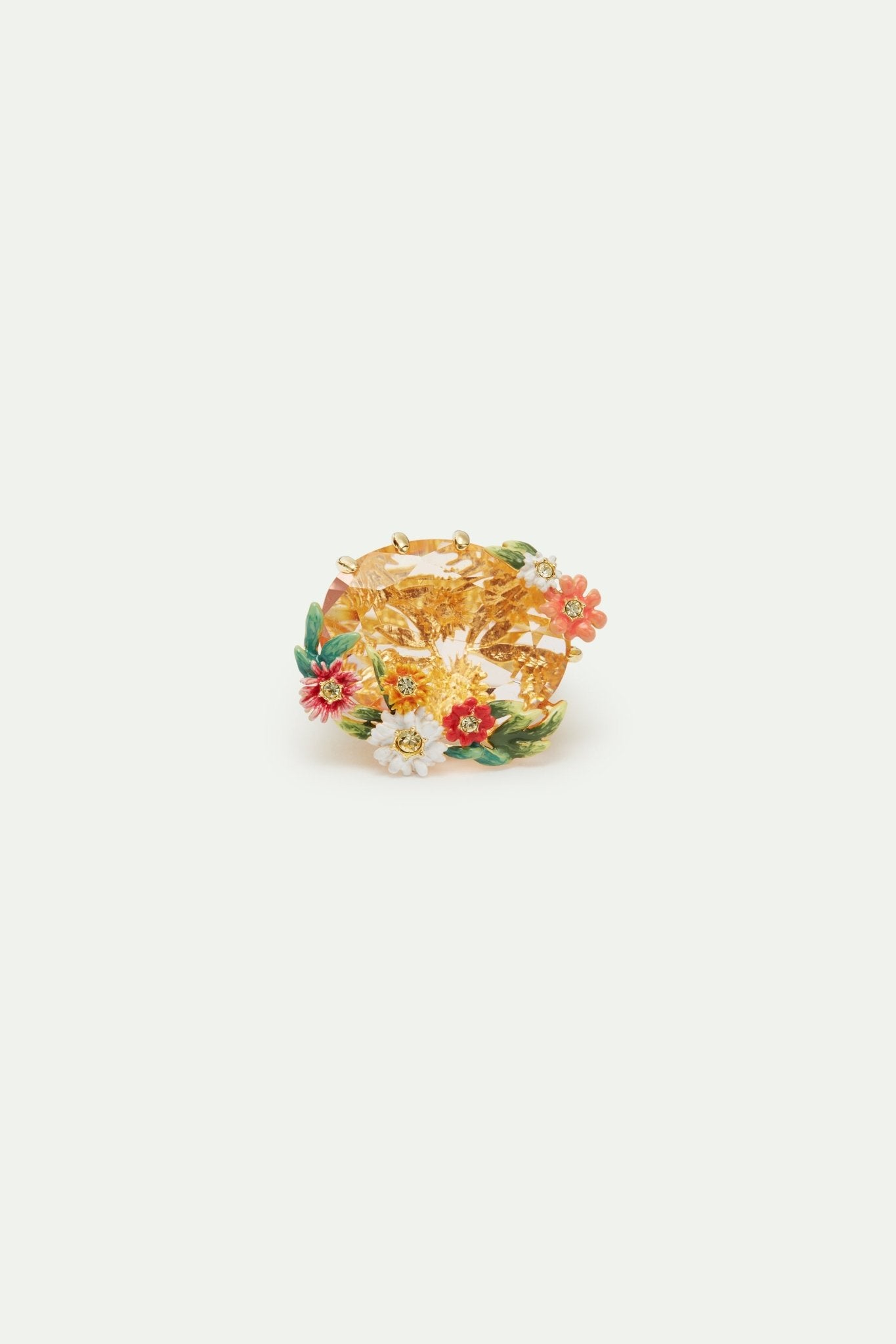 Oval pink faceted stone cocktail ring with zinnias and daisies | AVJC6041 - Les Nereides