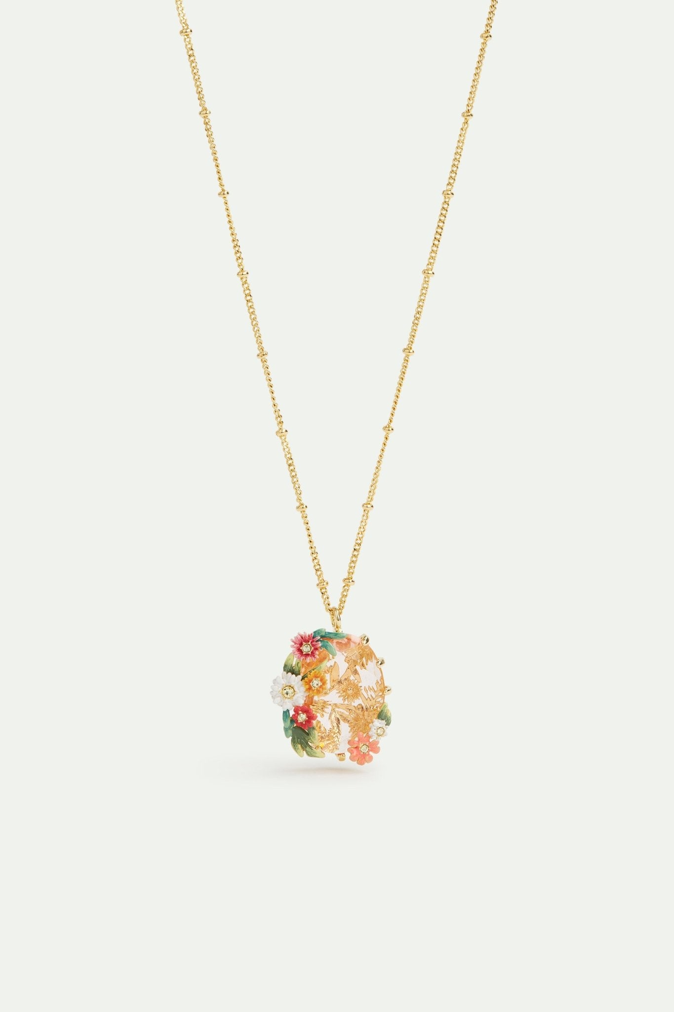 Oval pink faceted stone pendant necklace with zinnias and daisies | AVJC3041 - Les Nereides