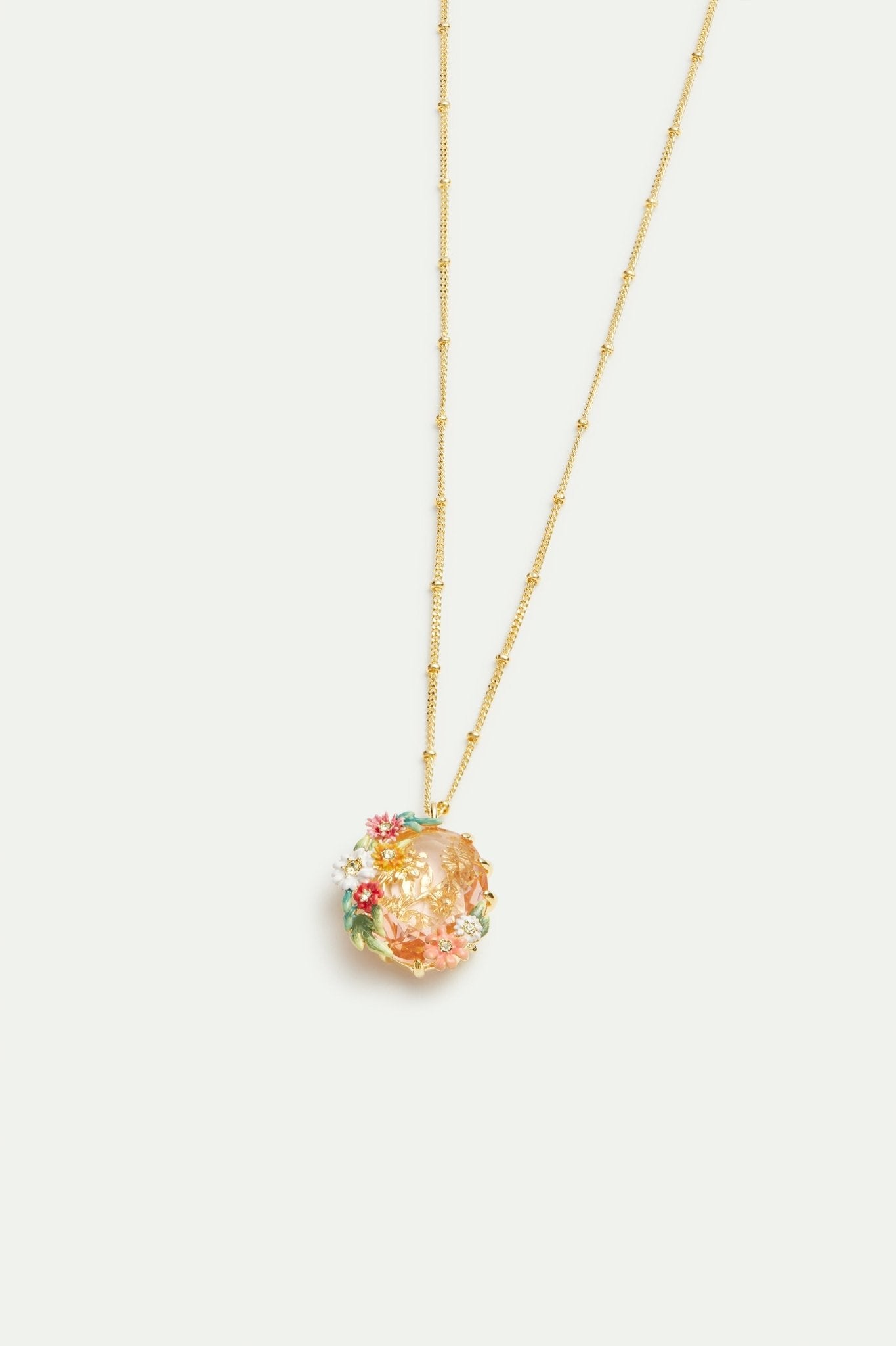 Oval pink faceted stone pendant necklace with zinnias and daisies | AVJC3041 - Les Nereides