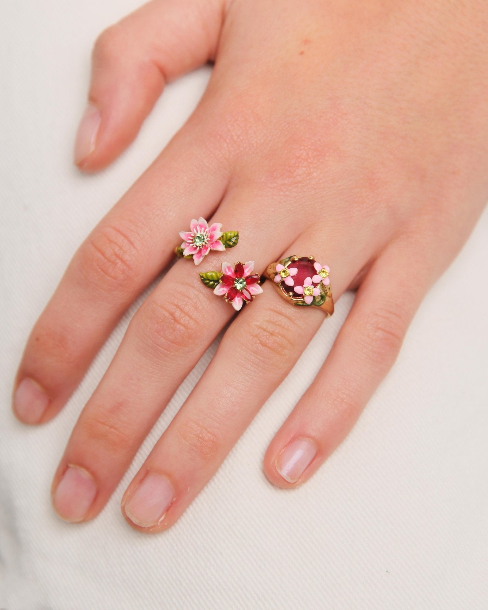 Passion Flower And Crystal Flower Adjustable Ring | AUVI6011 - Les Nereides