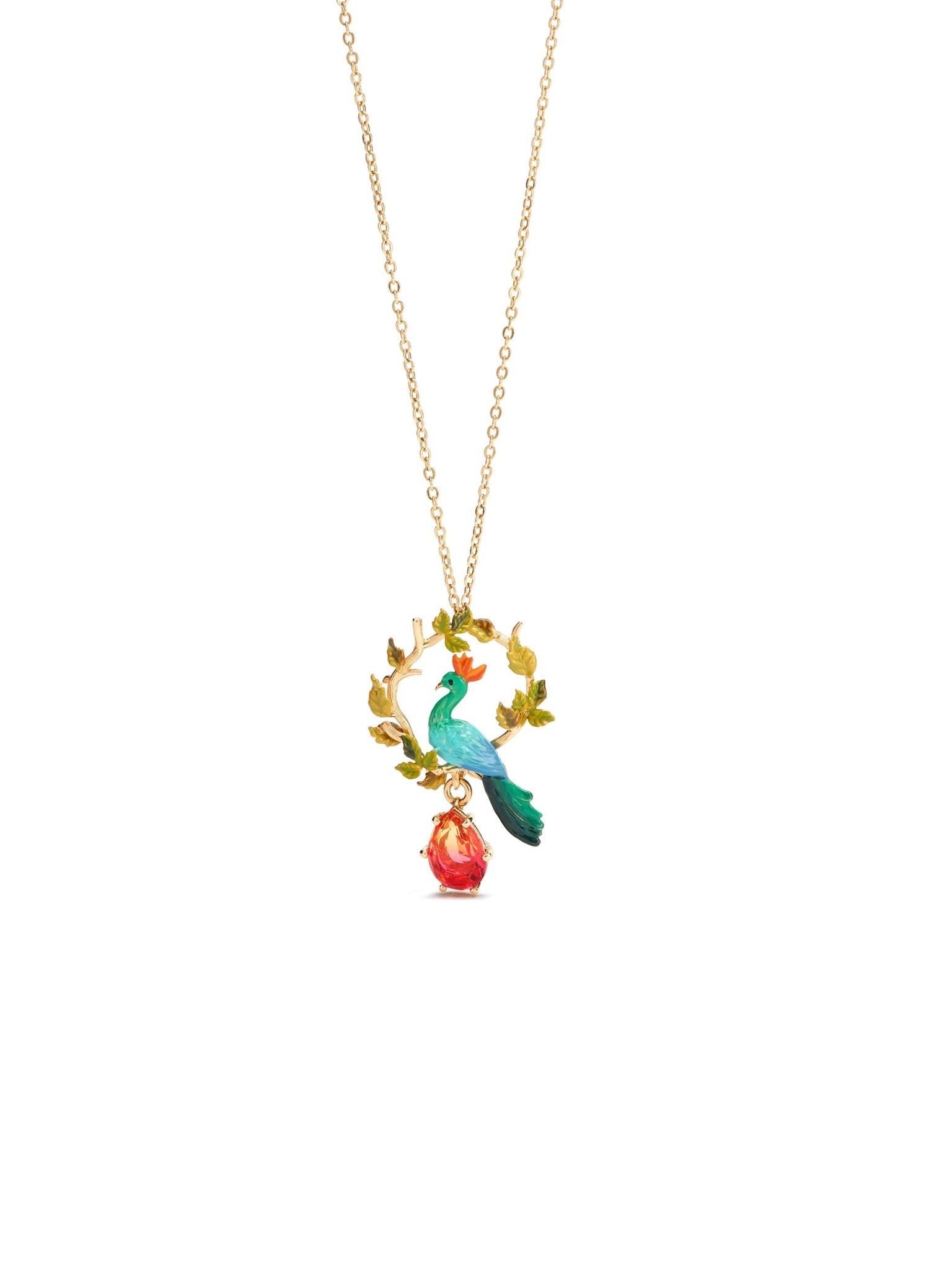 Peacock And Faceted Crystal Pear Pendant Necklace | AUVI3041 - Les Nereides