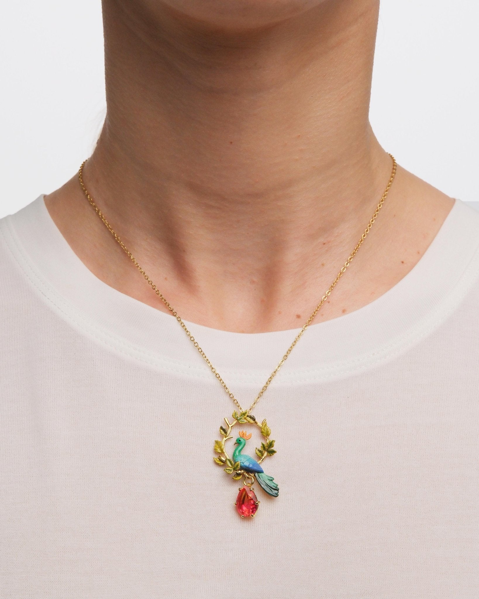 Peacock And Faceted Crystal Pear Pendant Necklace | AUVI3041 - Les Nereides