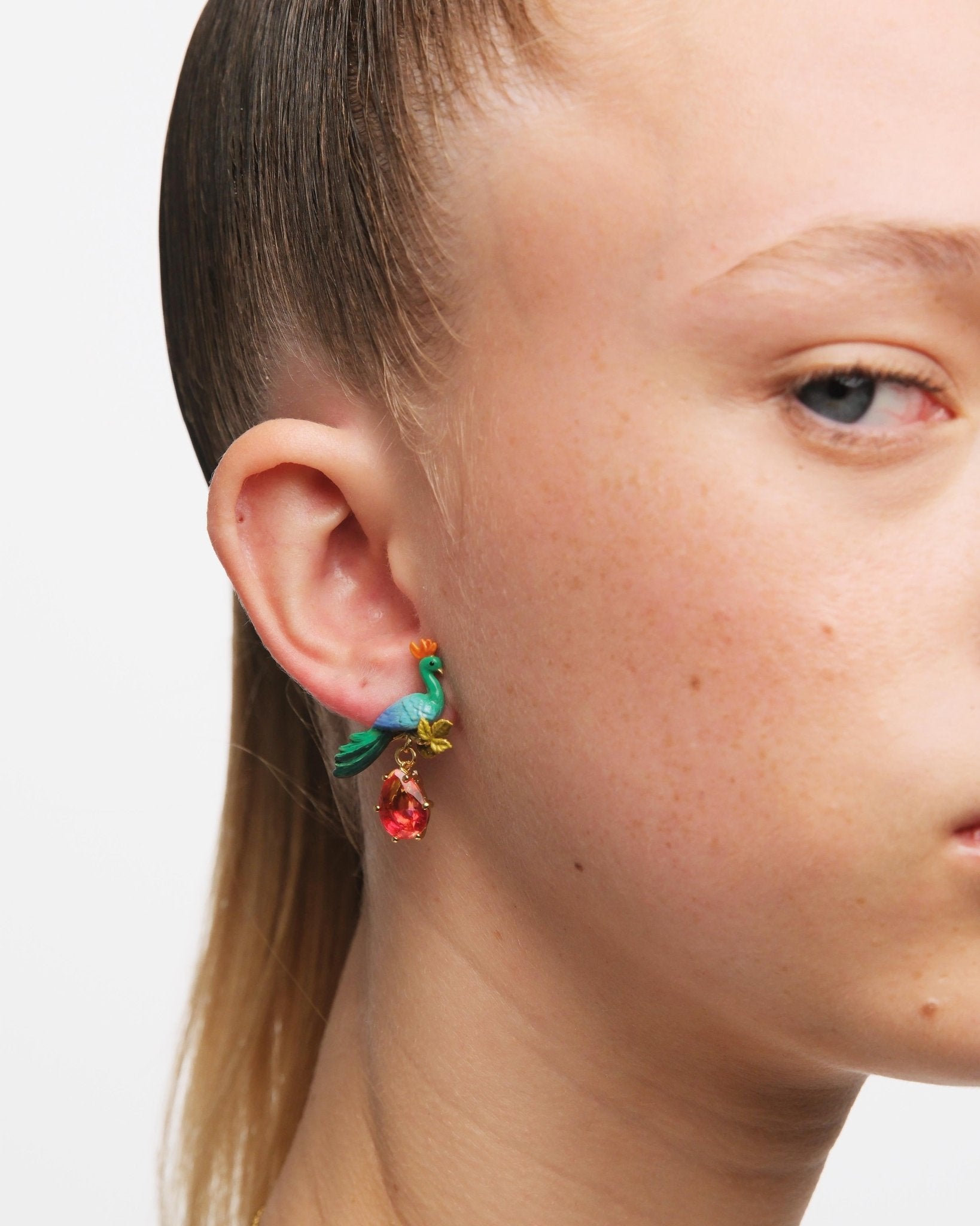 Peacock And Faceted Crystal Pear Post Earrings | AUVI1041 - Les Nereides