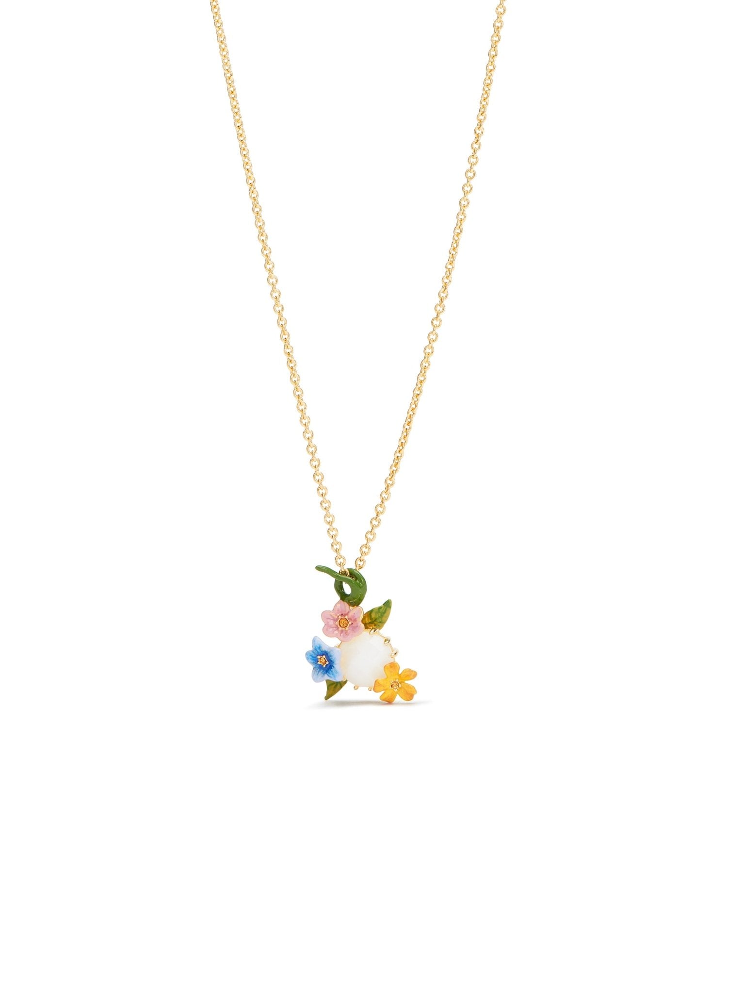 Pendant Necklace With 3 Colourful Jasmine Flowers And Faceted Stone | AUTR3031 - Les Nereides