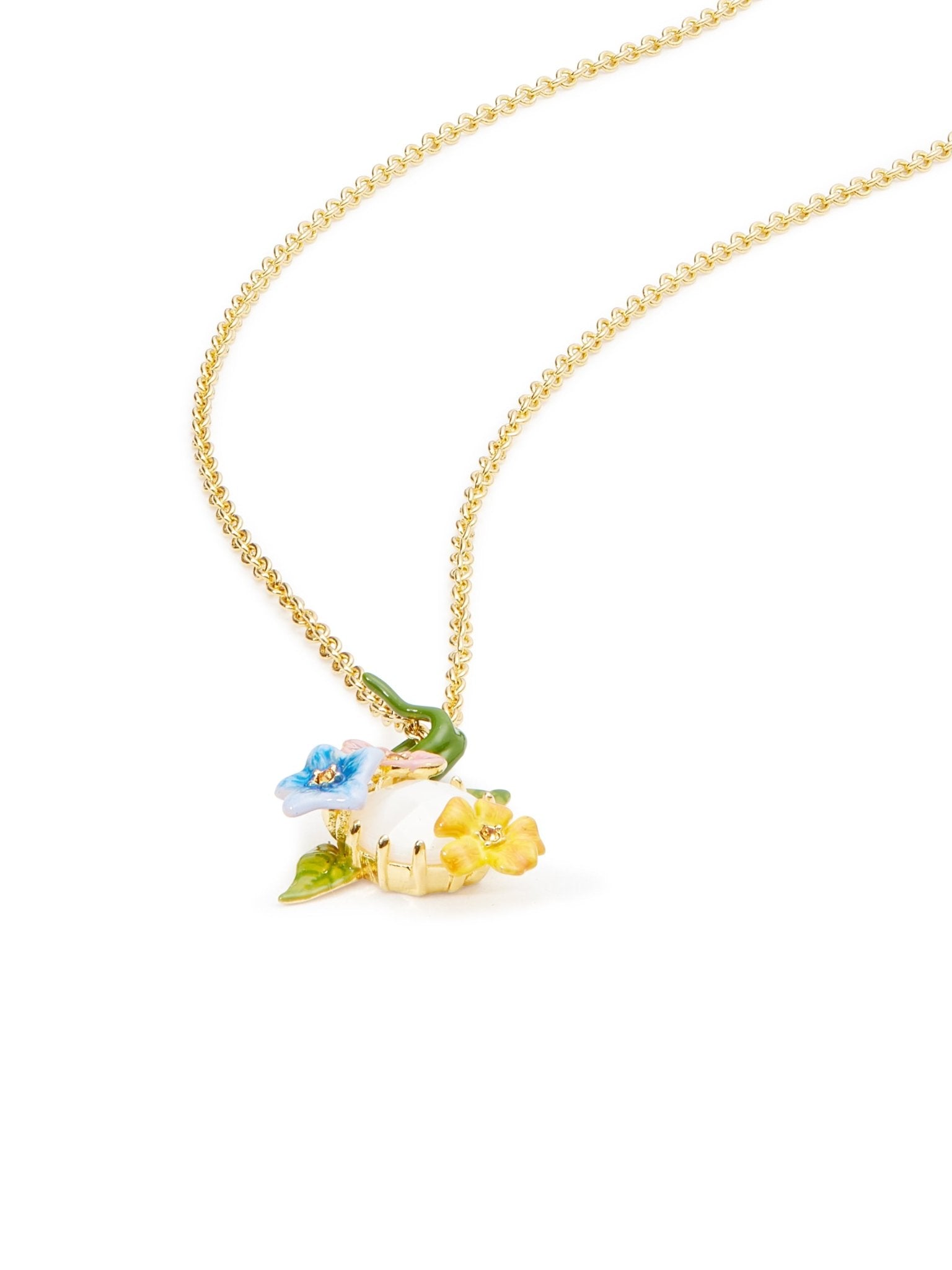 Pendant Necklace With 3 Colourful Jasmine Flowers And Faceted Stone | AUTR3031 - Les Nereides