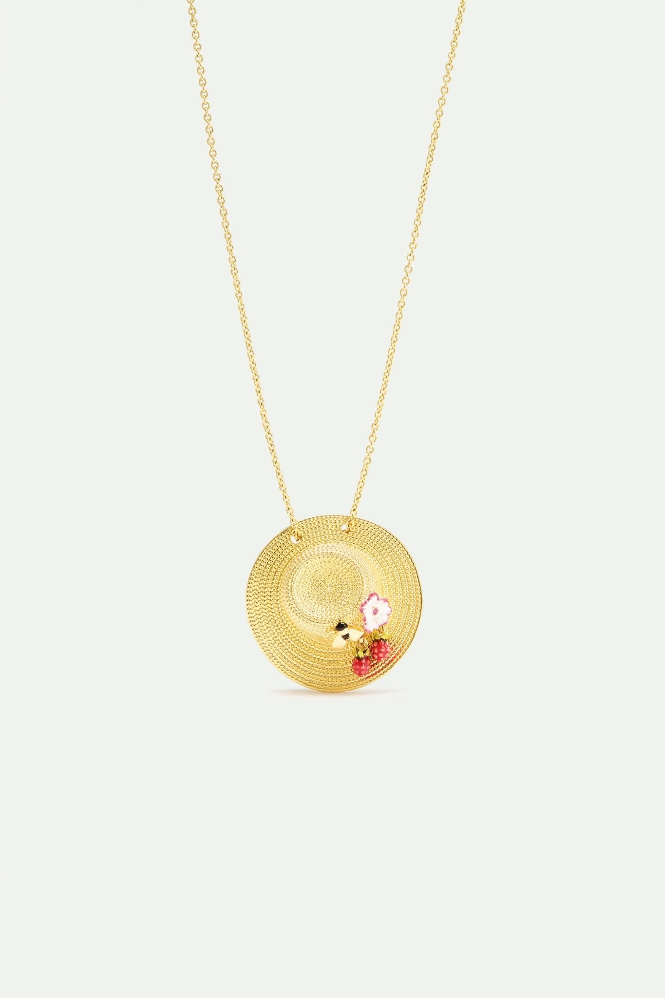 Pendant Necklace With Gold Hat, Cosmos, Bee, Raspberry And Pink Crystal | AXAM3031 - Les Nereides