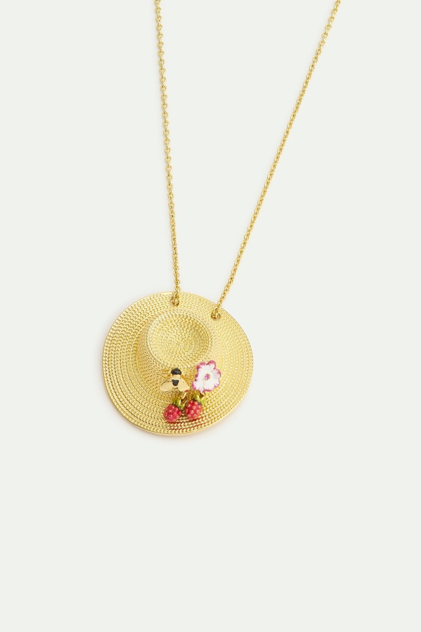 Pendant Necklace With Gold Hat, Cosmos, Bee, Raspberry And Pink Crystal | AXAM3031 - Les Nereides