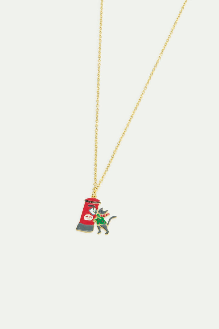 Pendant Necklace With London Red Postbox, Card, Grey Cat And Green Jumper | AWWI3041 - Les Nereides