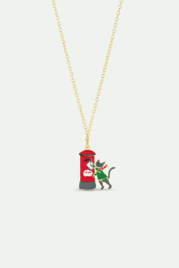 Pendant Necklace With London Red Postbox, Card, Grey Cat And Green Jumper | AWWI3041 - Les Nereides