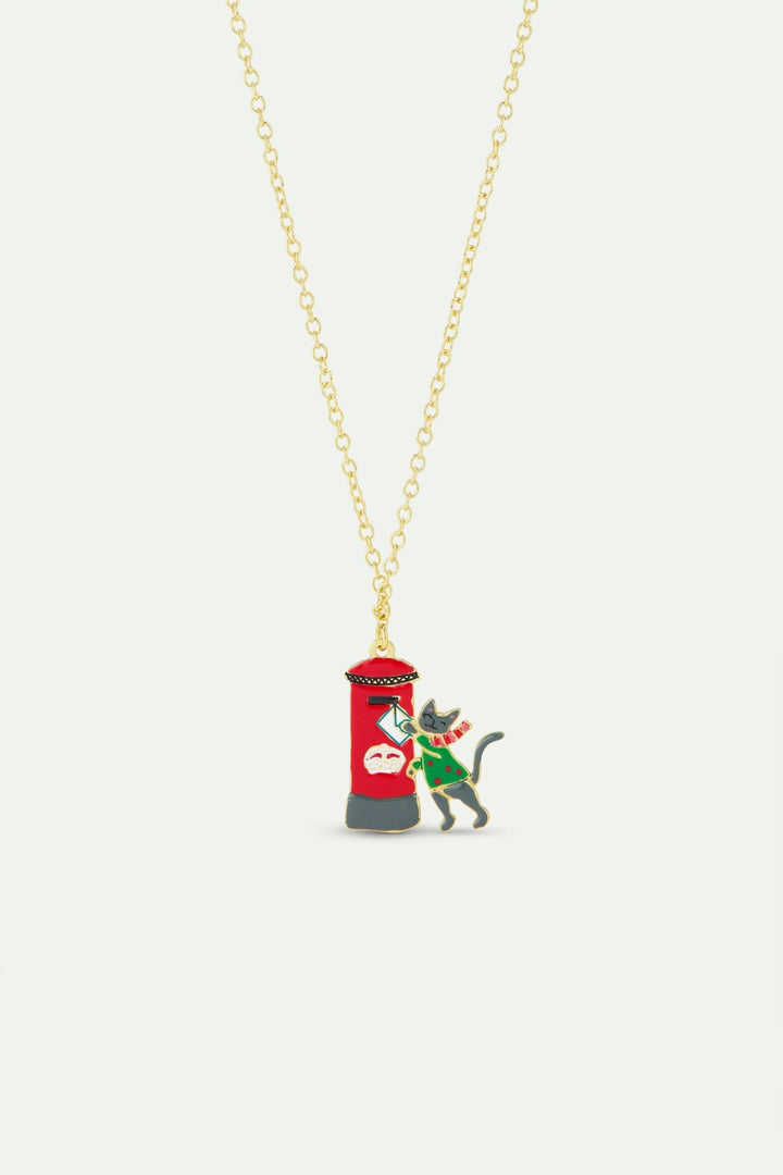 Pendant Necklace With London Red Postbox, Card, Grey Cat And Green Jumper | AWWI3041 - Les Nereides