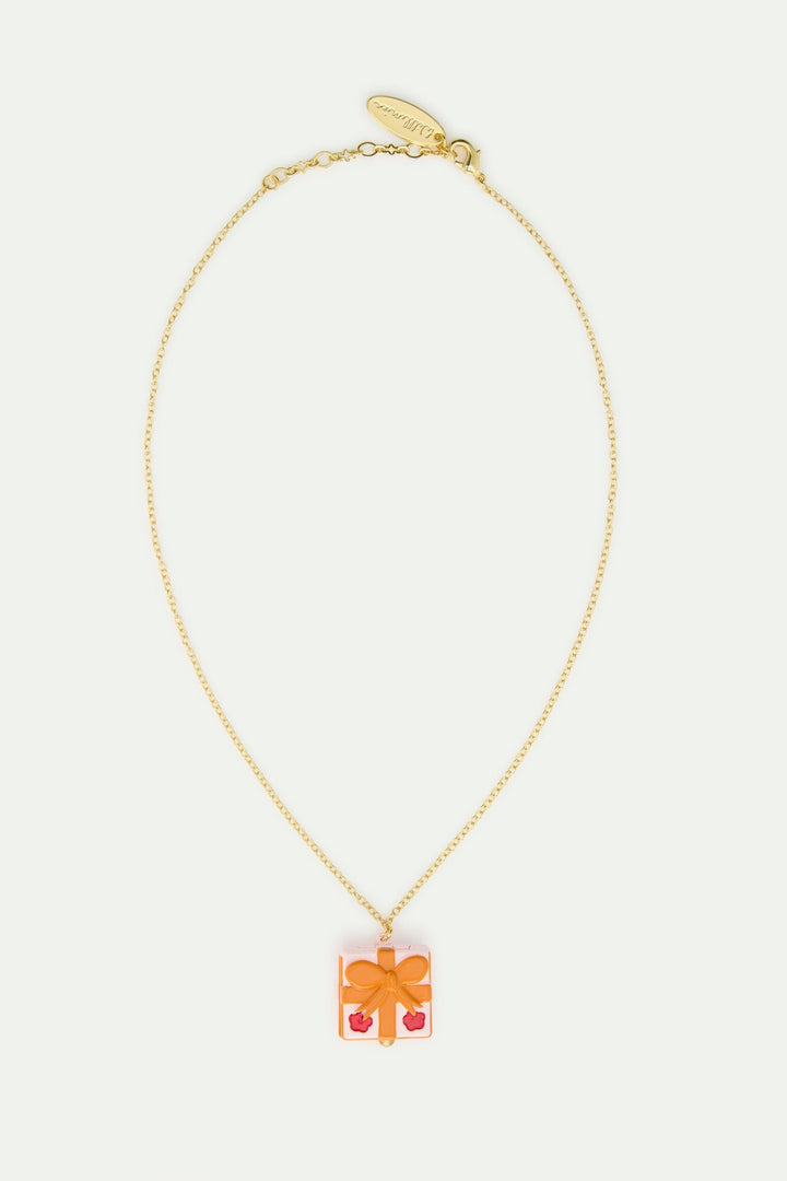Pendant Necklace With Pink Gift Box, Red Flower And Orange Bow | AWWI3031 - Les Nereides