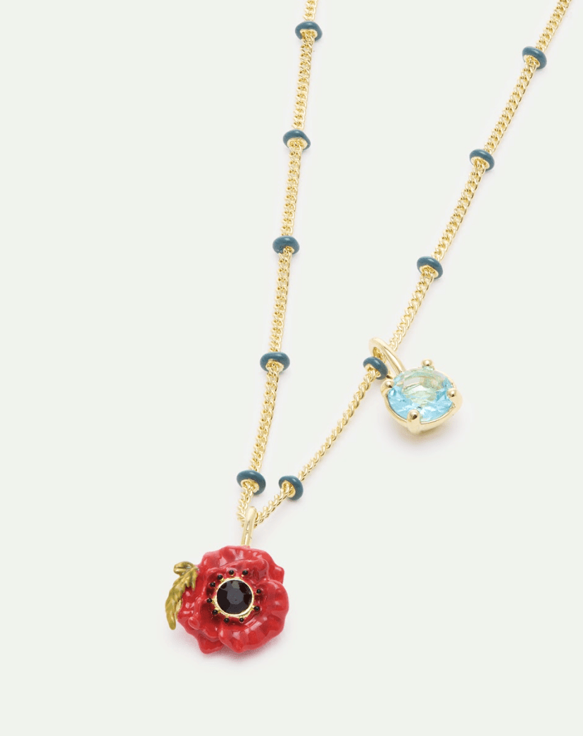 Pendant Necklace With Red Poppy And Round Blue Stone | AXOC3031 - Les Nereides