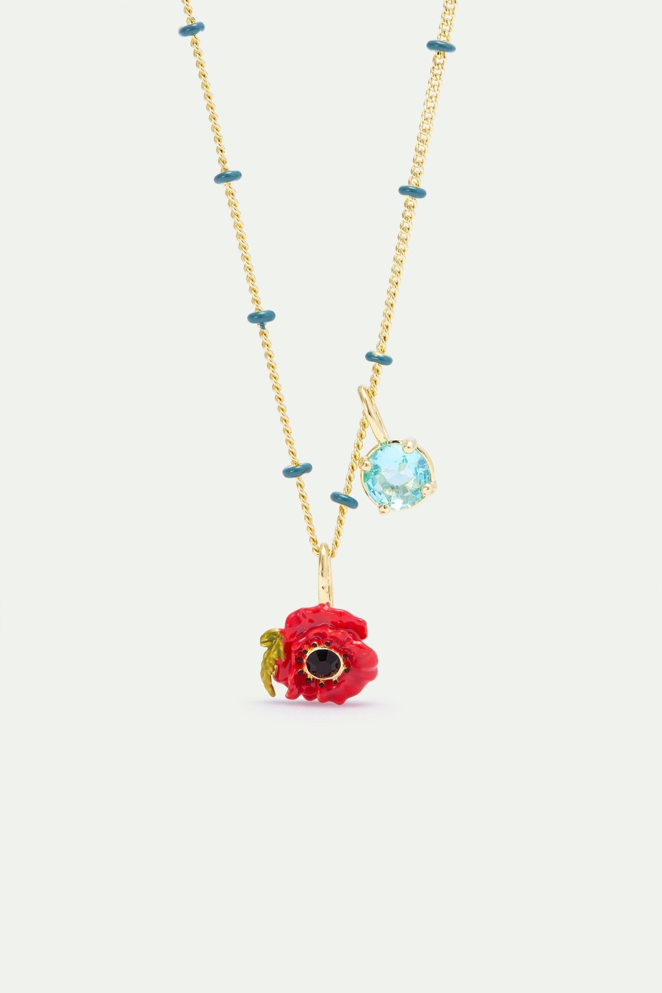 Pendant Necklace With Red Poppy And Round Blue Stone | AXOC3031 - Les Nereides
