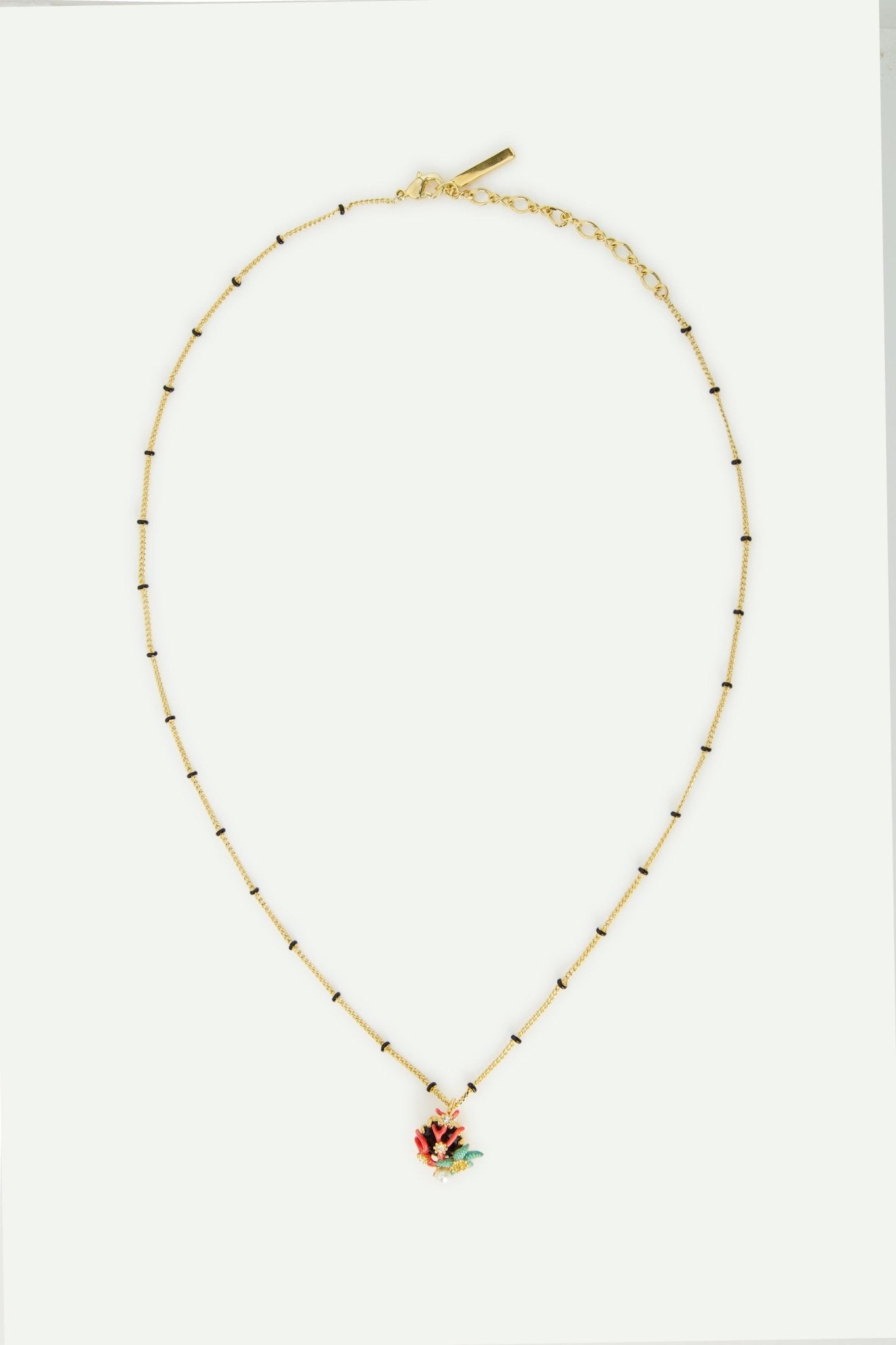 Pendant Necklace With Round Black Faceted Glass Stone, Blue Starfish And Cultured Pearl | AWCC3031 - Les Nereides