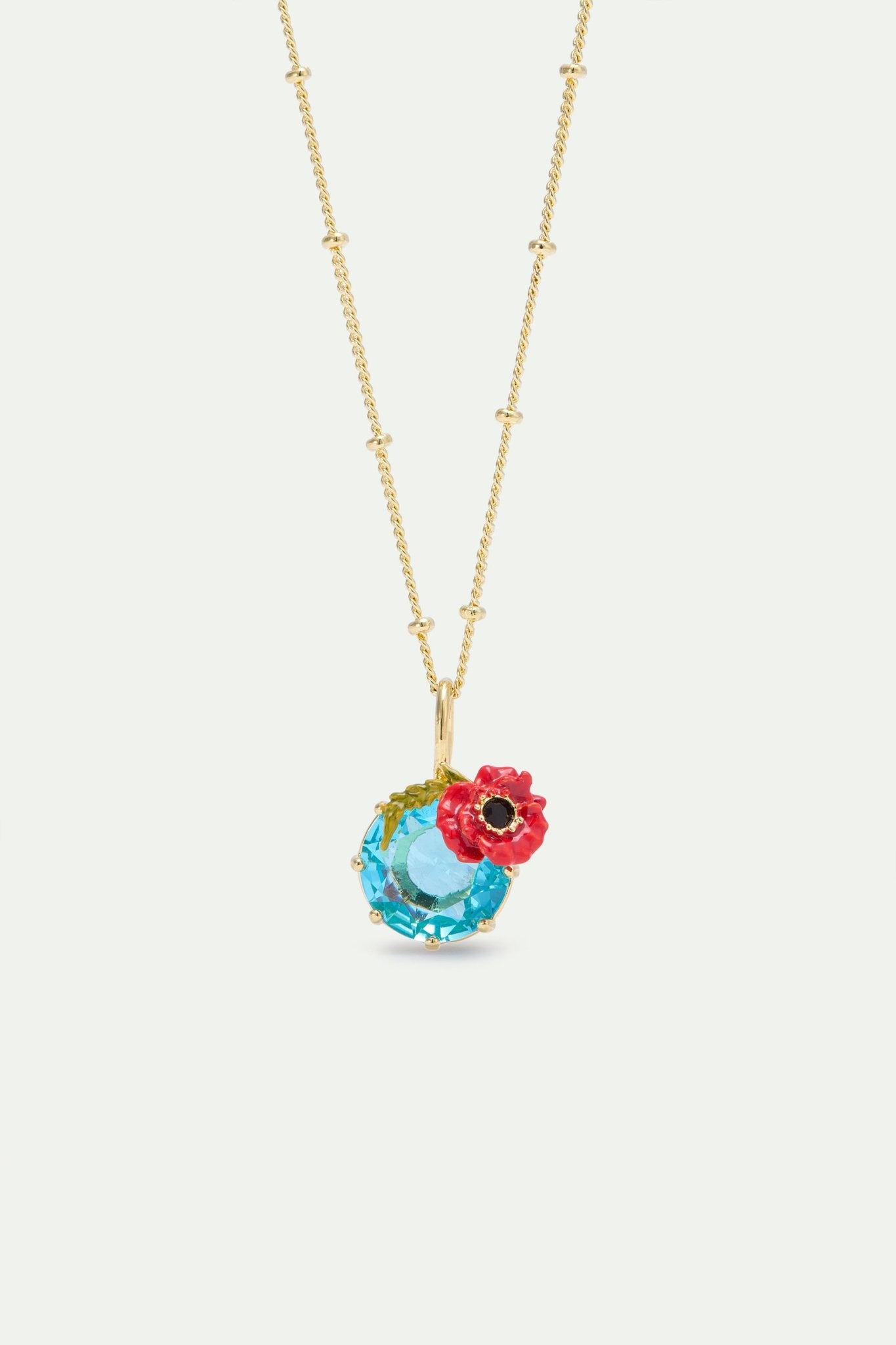 Pendant Necklace With Round Blue Stone And Poppie | AXOC3021 - Les Nereides