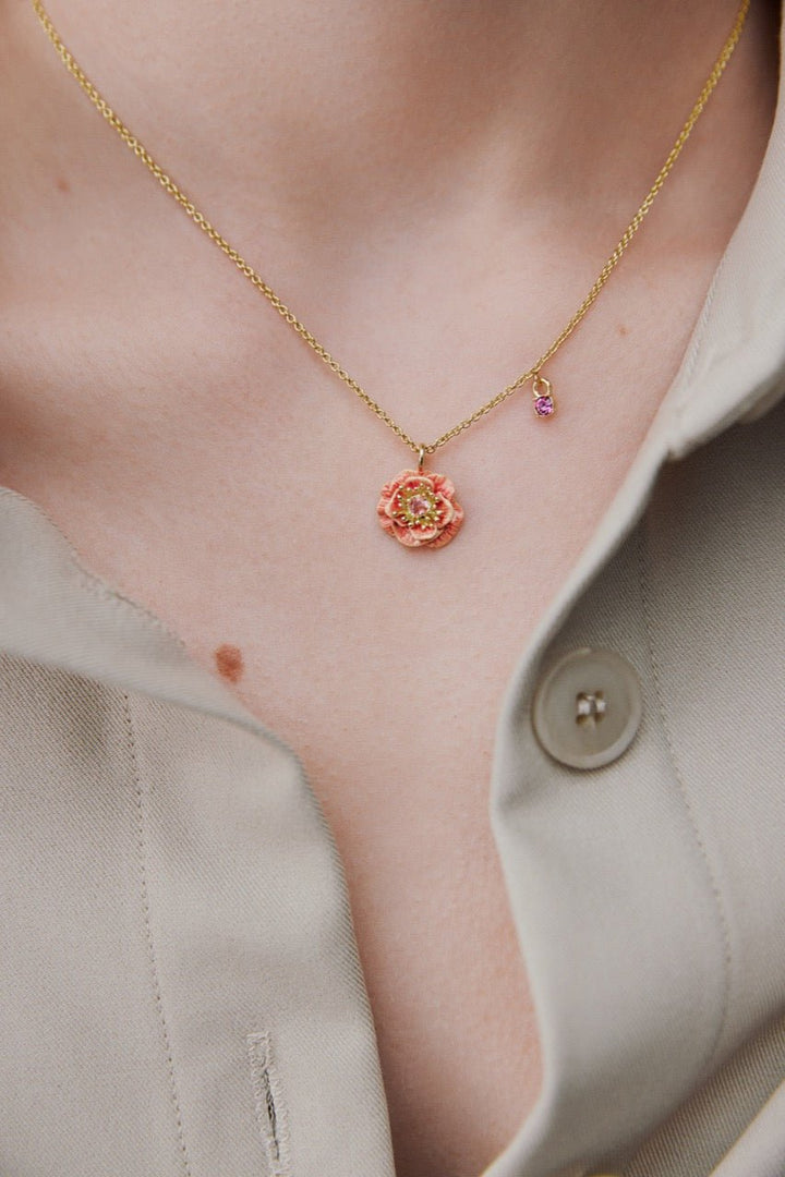 Pink Anemone And Crystal Pendant Necklace | AWBB3051 - Les Nereides