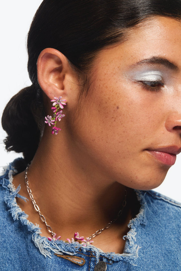 Pink magnolia flowers asymmetrical post earrings | AVFA1071 - Les Nereides