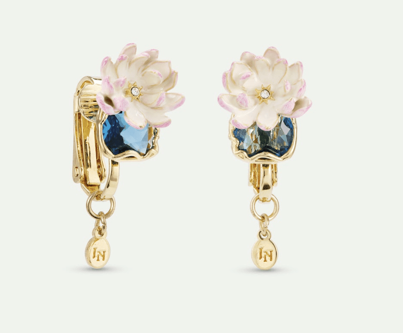 Pink Water Lily And Round Blue Stone Clip - On Earrings | AXON1031 - Les Nereides