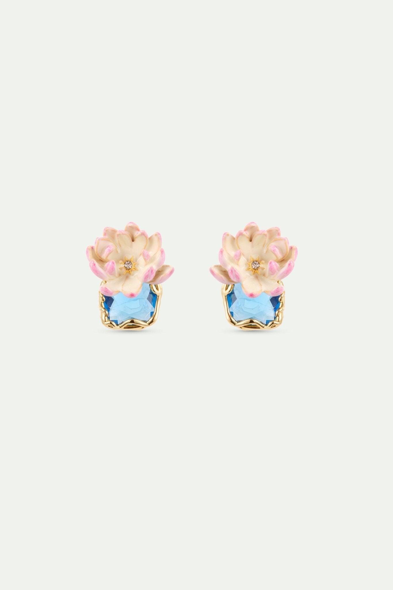 Pink Water Lily And Round Blue Stone Clip - On Earrings | AXON1031 - Les Nereides
