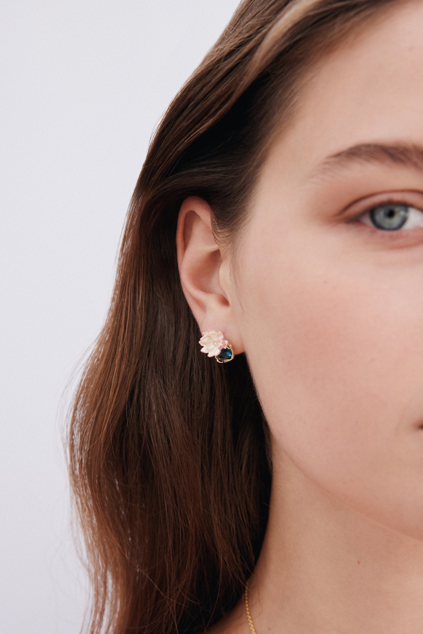 Pink Water Lily And Round Blue Stone Clip - On Earrings | AXON1031 - Les Nereides
