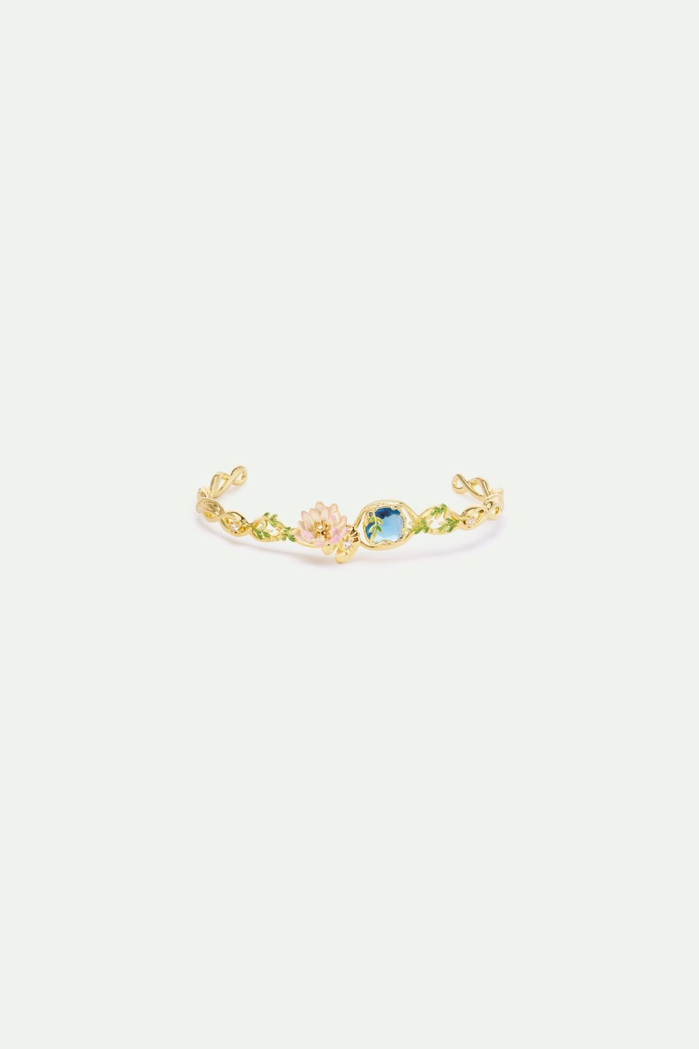 Pink Water Lily And Round Blue Stone Cuff Bracelet | AXON2011 - Les Nereides