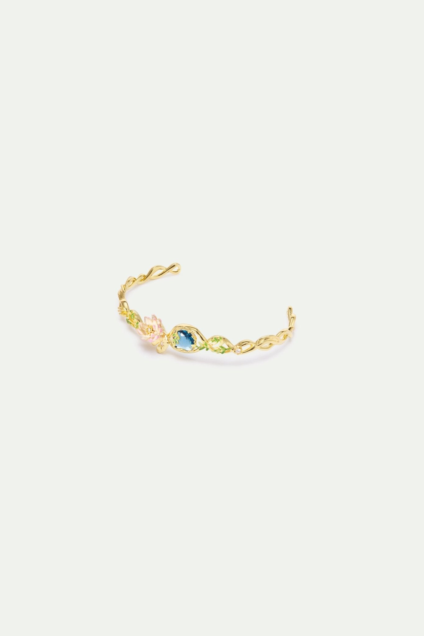 Pink Water Lily And Round Blue Stone Cuff Bracelet | AXON2011 - Les Nereides