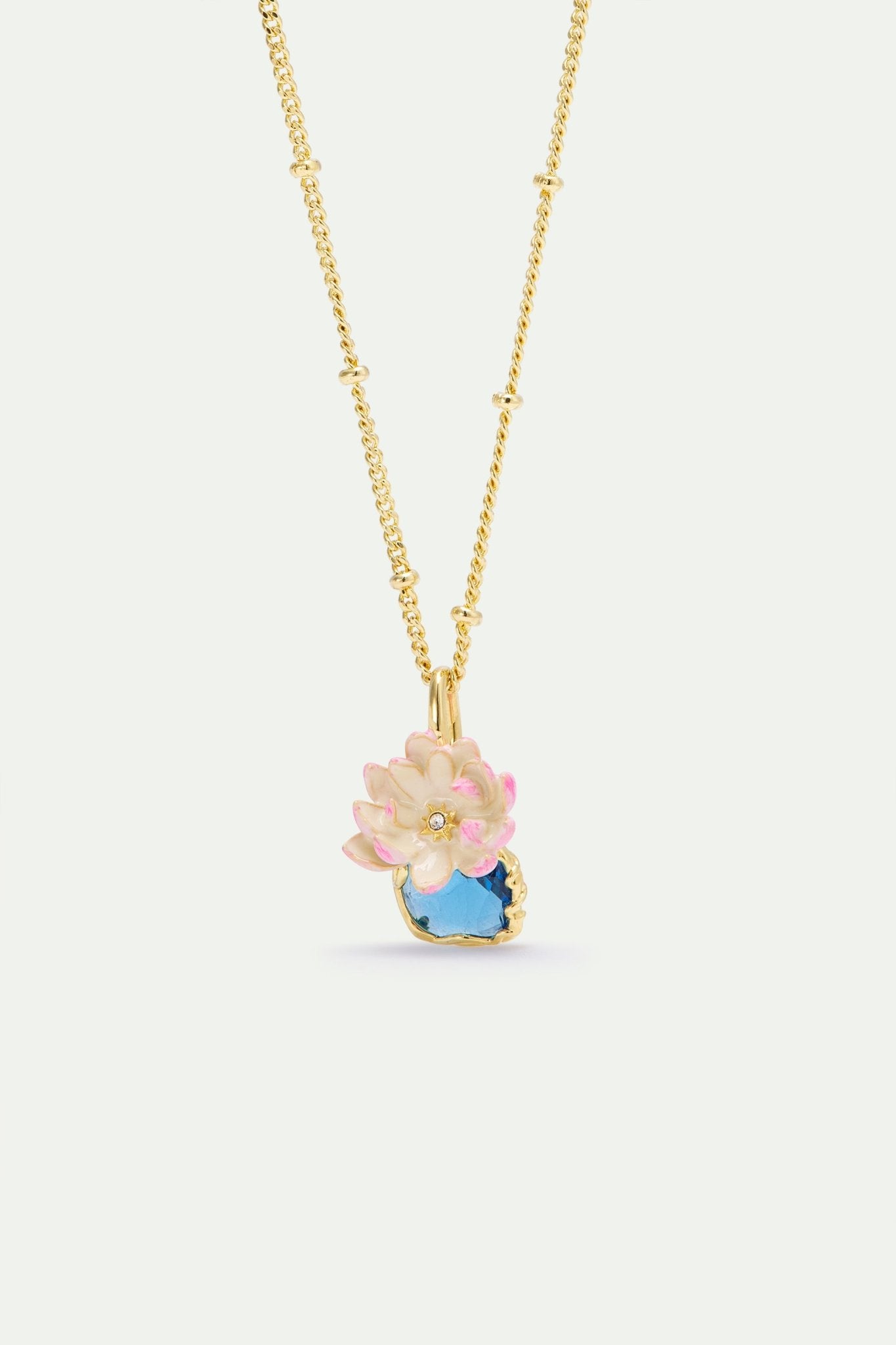 Pink Water Lily And Round Blue Stone Pendant Necklace | AXON3041 - Les Nereides