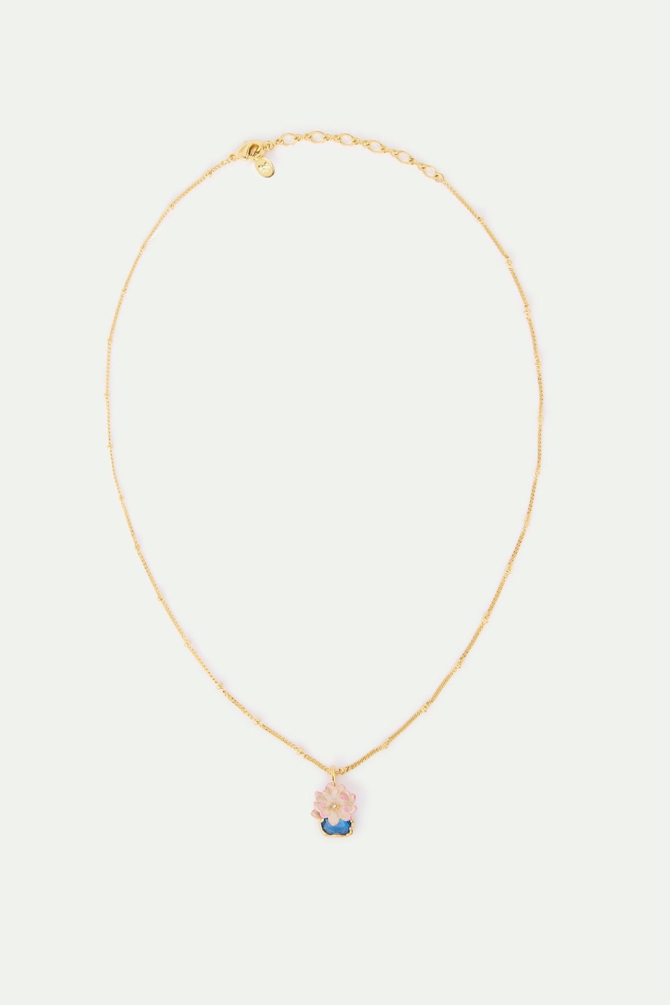 Pink Water Lily And Round Blue Stone Pendant Necklace | AXON3041 - Les Nereides