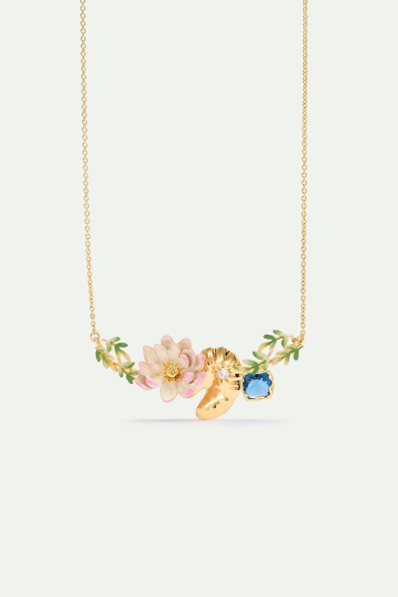 Pink Water Lily, Golden Lotus, And Blue Round Stone Statement Necklace | AXON3021 - Les Nereides