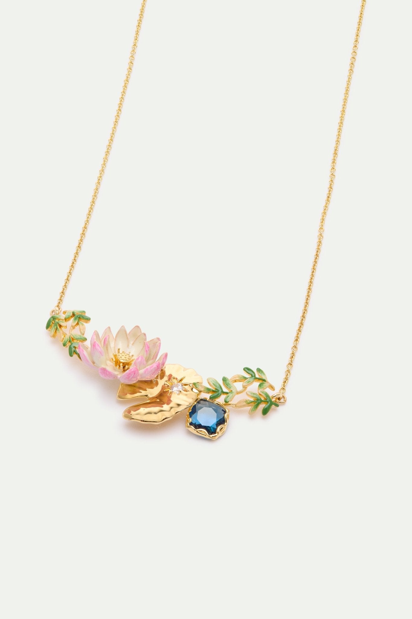 Pink Water Lily, Golden Lotus, And Blue Round Stone Statement Necklace | AXON3021 - Les Nereides