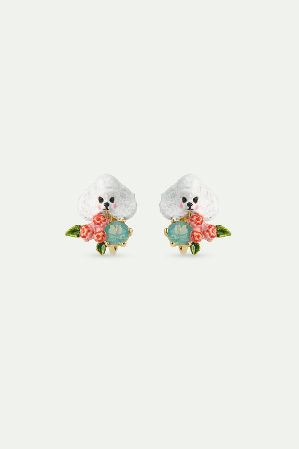 Poodle. Pink Flowers And Blue Stone Earrings | AWLA1011 - Les Nereides