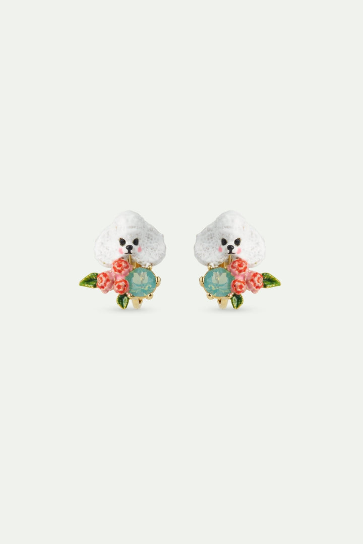 Poodle. Pink Flowers And Blue Stone Earrings | AWLA1011 - Les Nereides