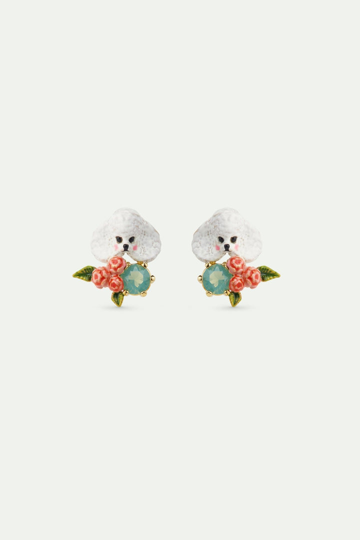 Poodle. Pink Flowers And Blue Stone Earrings | AWLA1011 - Les Nereides