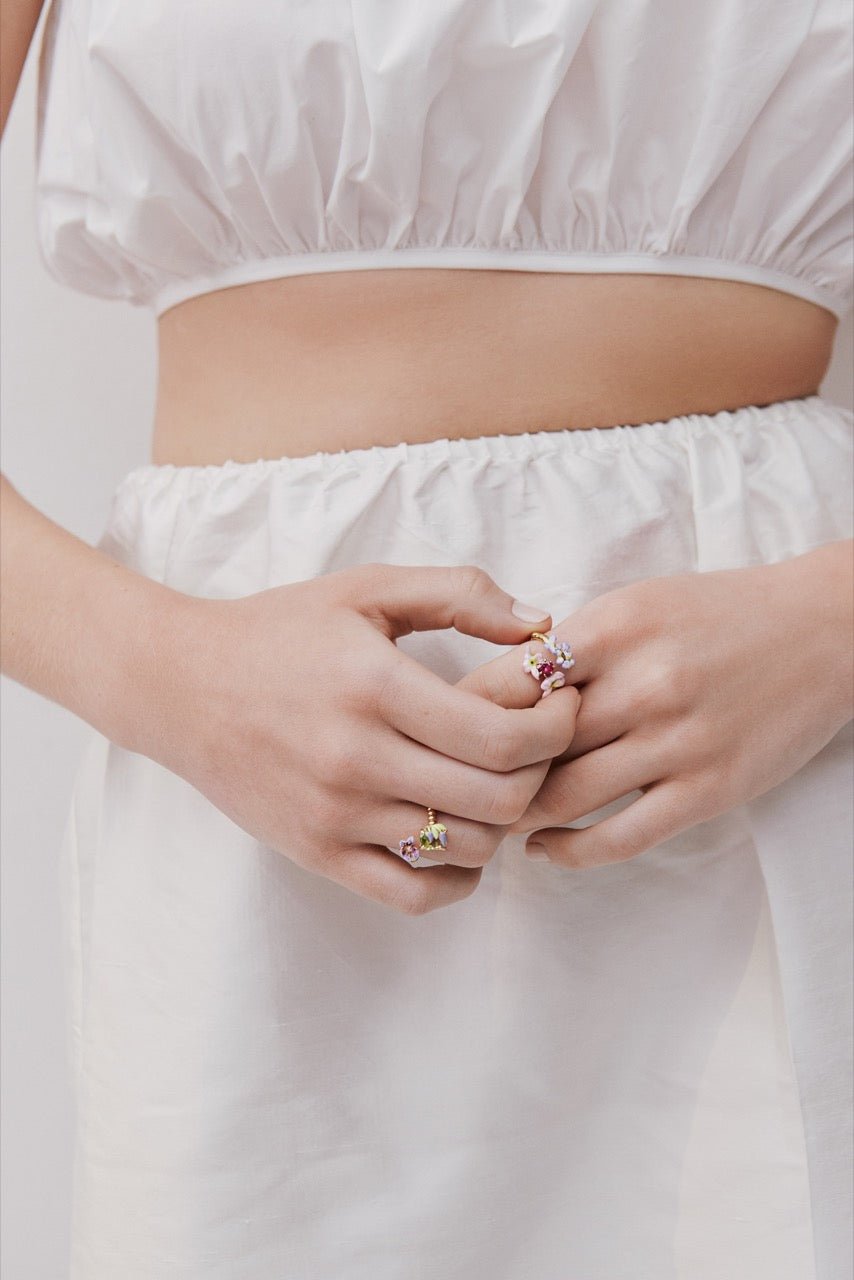 Purple Clematis And Green Emerald - Cut Crystal Adjustable Ring | AWMM6031 - Les Nereides