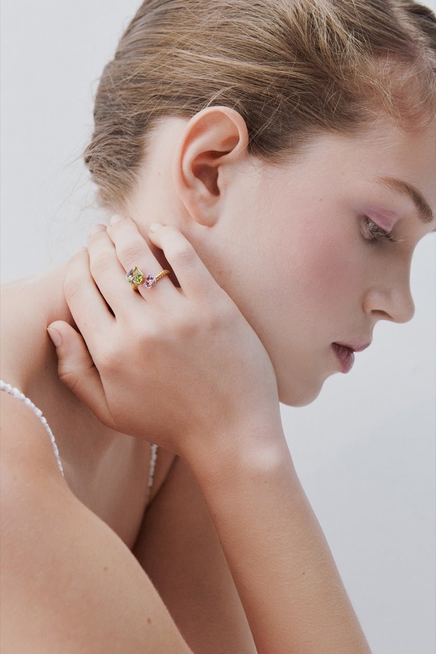 Purple Clematis And Green Emerald - Cut Crystal Adjustable Ring | AWMM6031 - Les Nereides