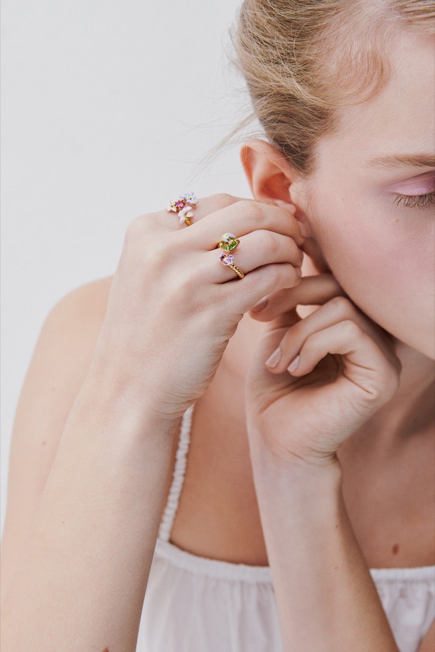 Purple Clematis And Green Emerald - Cut Crystal Adjustable Ring | AWMM6031 - Les Nereides