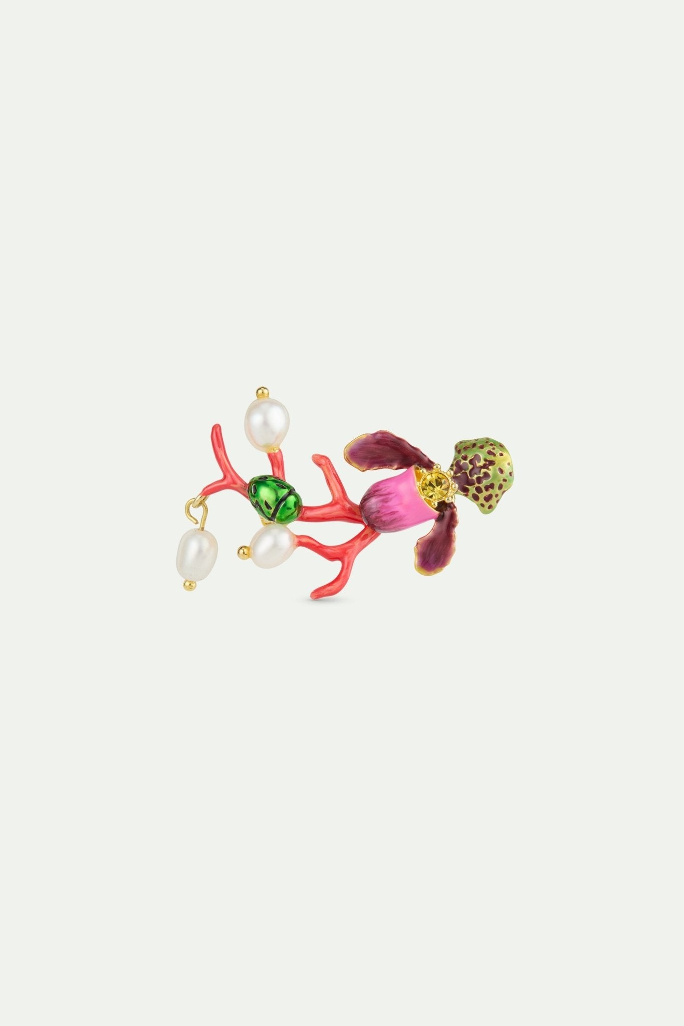 Purple Lady'S Slipper Orchid Brooch With Red Coral, Green Rose Chafer And Cultured Pearls | AWCC5021 - Les Nereides