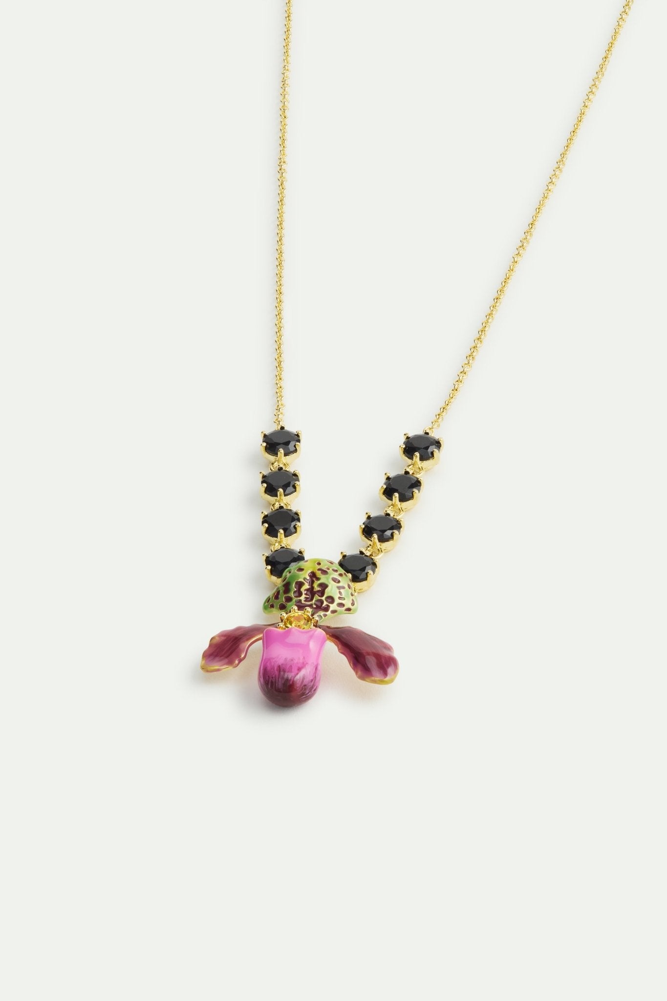 Purple Lady'S Slipper Orchid Necklace With Black Faceted Glass Stones | AWCC3011 - Les Nereides