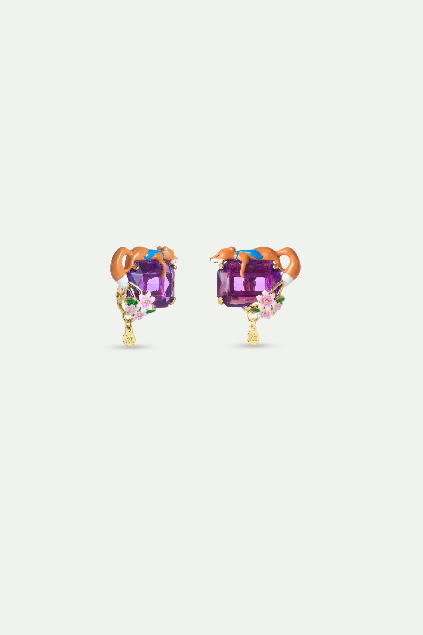 Purple Rectangular Stone, Fox And Flower Earrings | AYFB1021 - Les Nereides