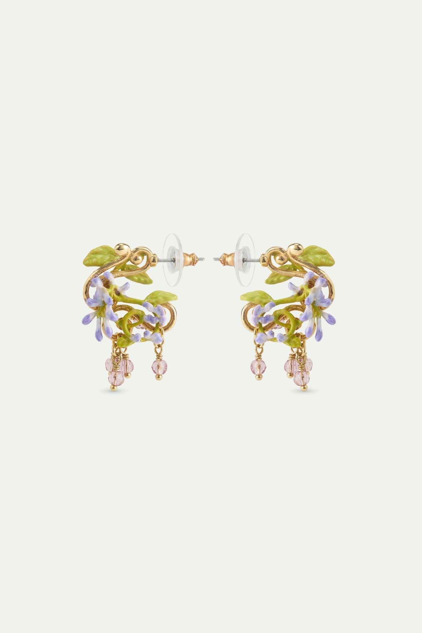Purple Wisteria Post Earrings On Golden Arabesque, Ivy And Faceted Crystal Beads | AWMM1031 - Les Nereides