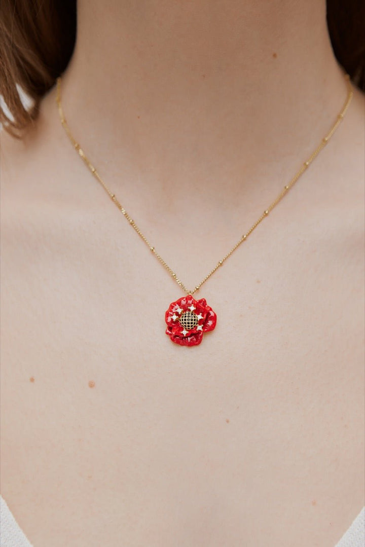 Red Poppy And Cubic Zirconia Pendant Necklace | AWBC3041 - Les Nereides