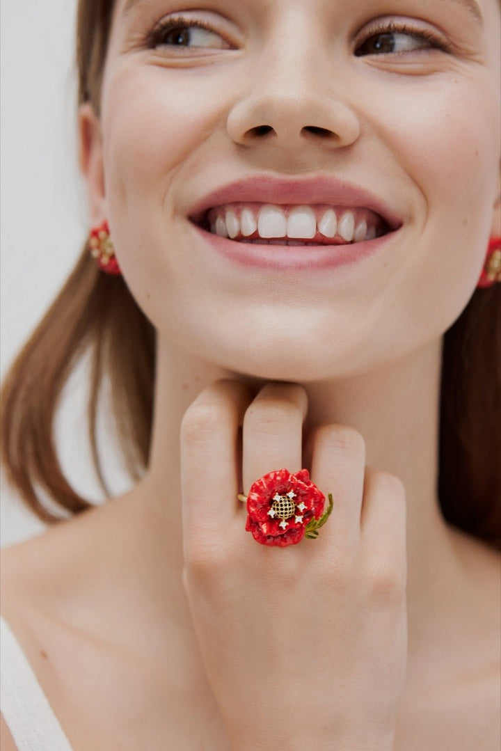 Red Poppy And Cubic Zirconia Ring | AWBC6011 - Les Nereides